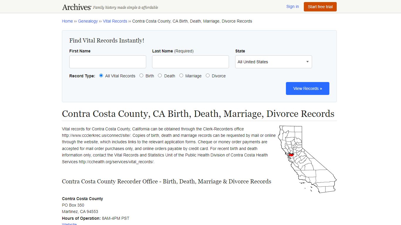 Contra Costa County, CA Birth, Death, Marriage, Divorce ...